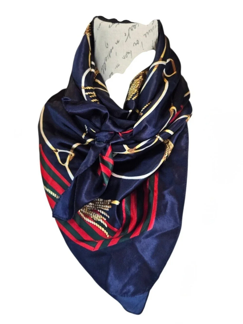 Equestrian Pattern Navy Blue Red Gold Square Fashion Scarf